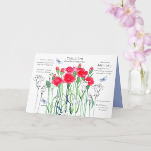 January Birthday Red Pink Carnation Flowers  Card