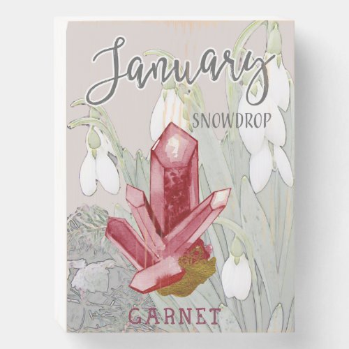 January  Birthday Snowdrops and Garnet Wooden Box Sign