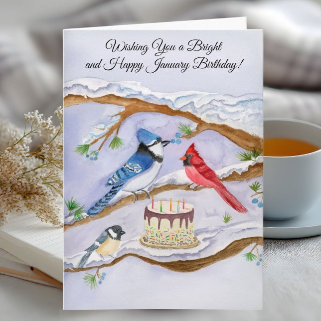 January Birthday with Backyard Birds and Cake Card (Creator Uploaded)