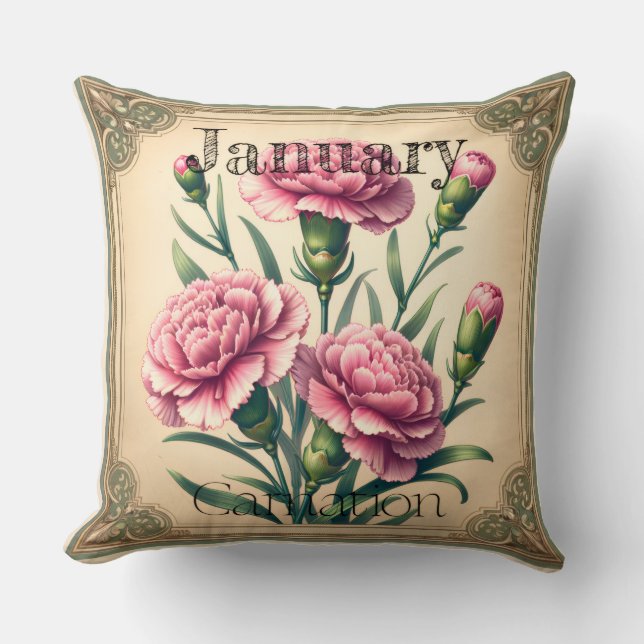 January Carnation Birth Month Double Sided Throw Pillow (Front)