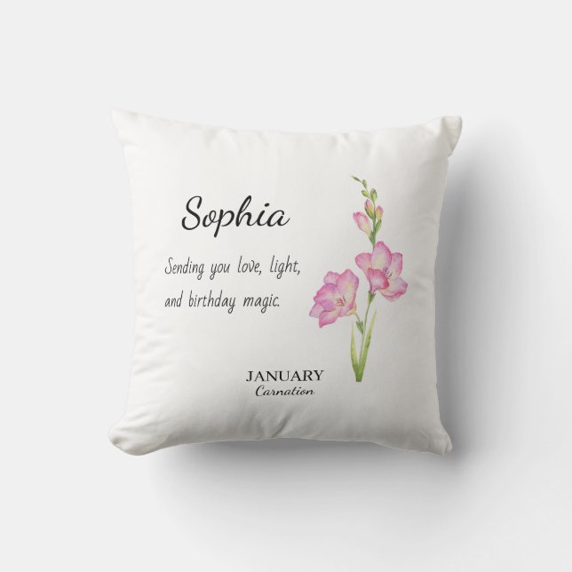 January Carnation Personalized Birthday Throw Pillow (Front)