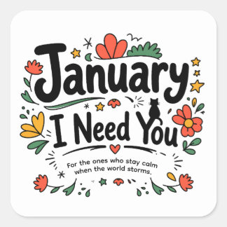 January Cute Hand-Drawn Typography Floral Doodle Square Sticker