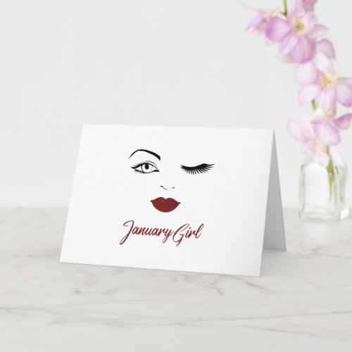 January Girl Eyes Cute Red Lips Wink Birthday Card