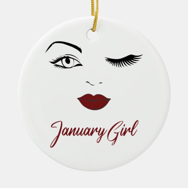 January Girl Eyes Cute Red Lips Wink Birthday Ceramic Ornament (Front)