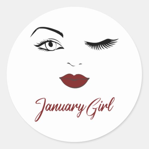 January Girl Eyes Cute Red Lips Wink Birthday Classic Round Sticker