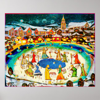 January Naive Folk Art Winter Night Poster