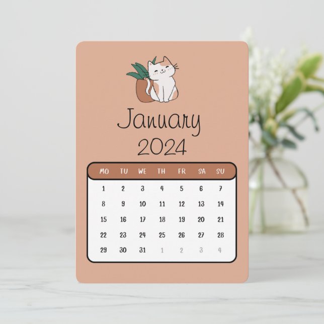 January Stand Alone Cute Cat And Plant Calendar  (Standing Front)