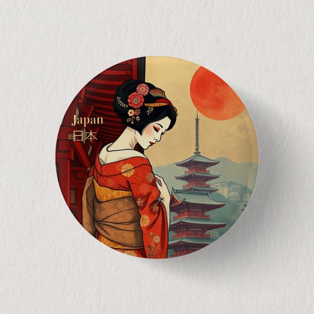 Japan 日本 maiko geisha pagoda sun  button (Front)