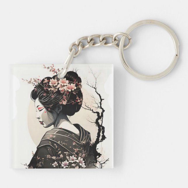 Japan Art Sakura Geisha Ink Wash -  Keychain (Back)