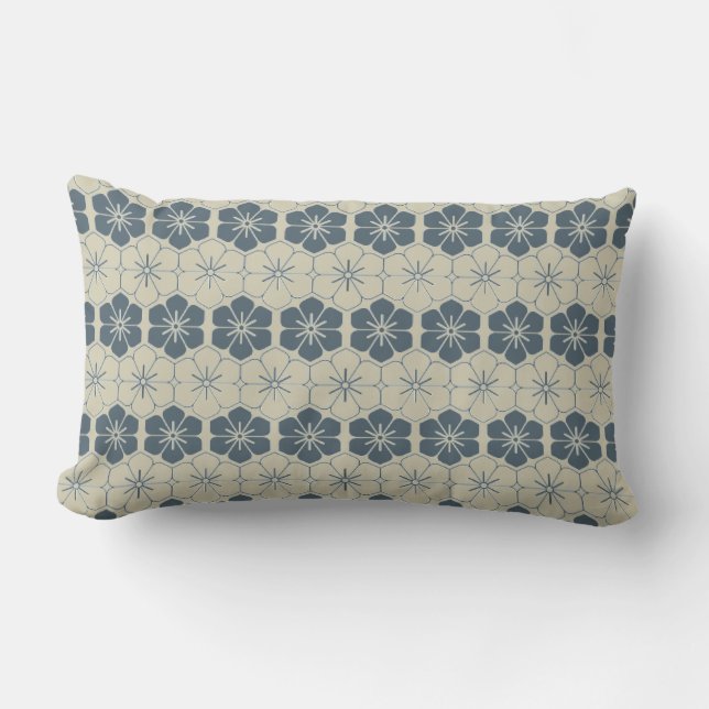 Japan. Blue Floral Flowers. Lumbar Pillow (Front)