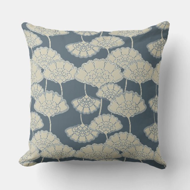 Japan. Blue Floral Flowers. Outdoor Pillow (Front)
