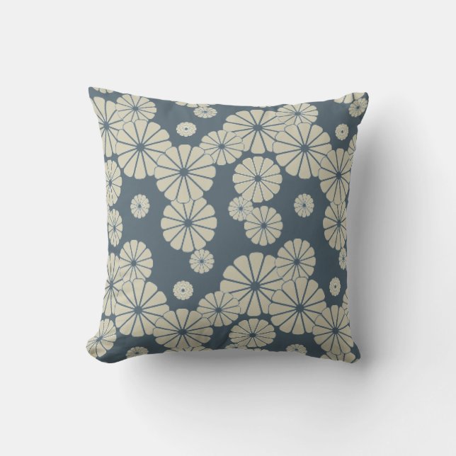 Japan. Blue Floral Flowers. Outdoor Pillow (Front)