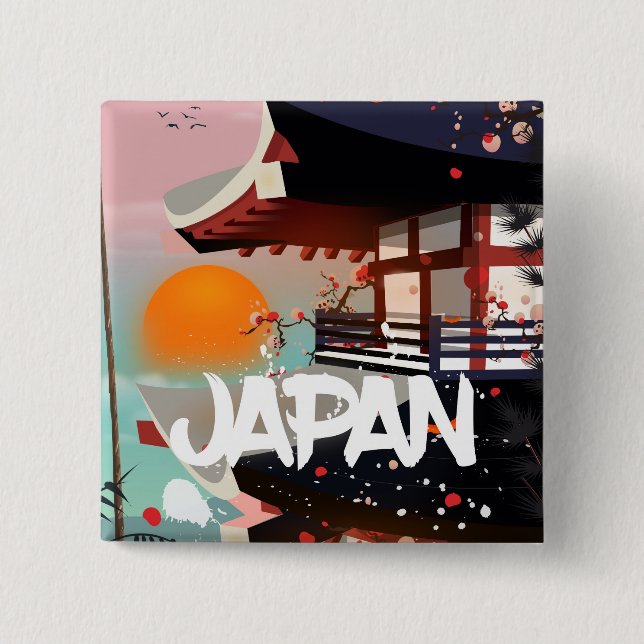 Japan Building setting sun poster Button (Front)