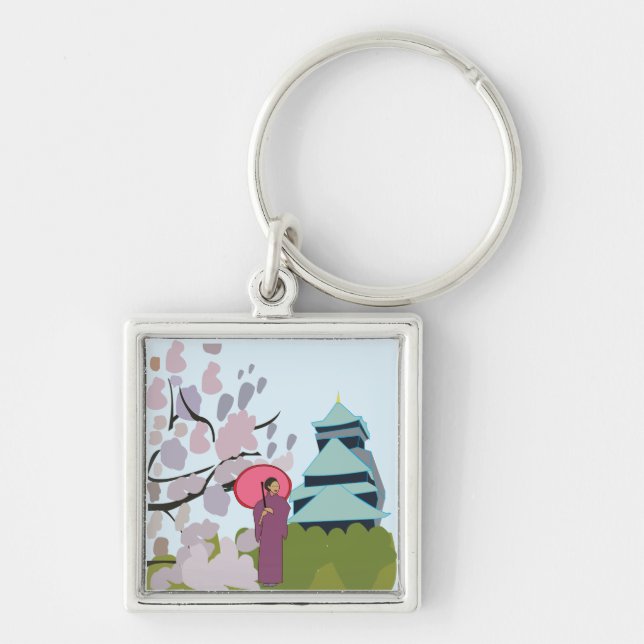 Japan Cherry Blossom Geisha Kimono  Keychain (Front)
