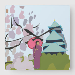 Japan Cherry Blossom Geisha Kimono  Square Wall Clock