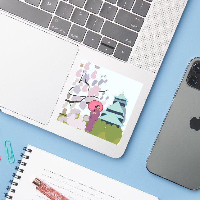 Japan Cherry Blossom Geisha Kimono  Sticker (Laptop w/ iPhone)