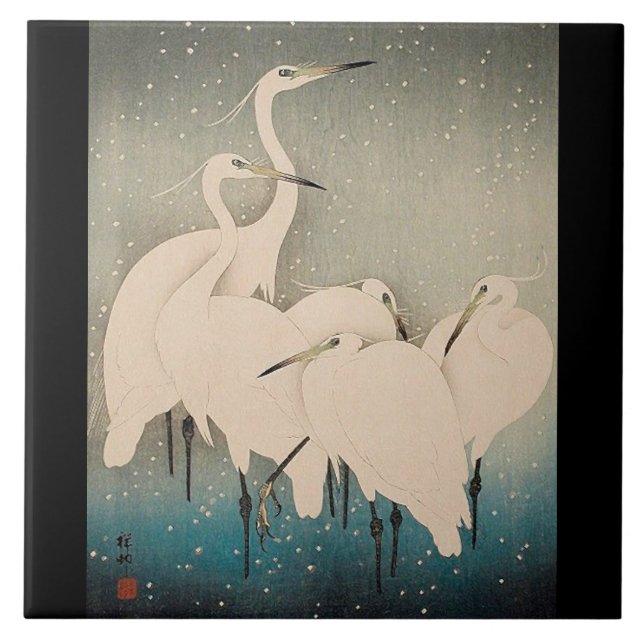 Japan Egrets in Snow Wildlife Birds Ceramic Tile (Front)