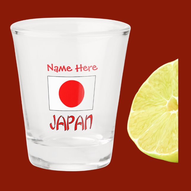 Japan Japanese Flag Red Personalized  Shot Glass (Shot glass with the Japanese flag and the word JAPAN below in red letters. Add a name above.)
