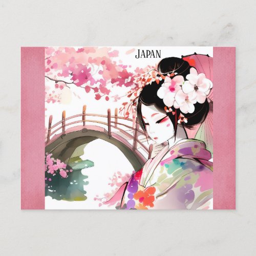 Japan Japanese Geisha Cherry Blossom Travel Postcard
