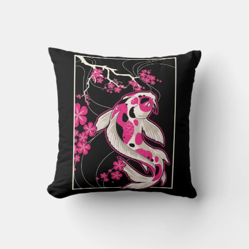 Japan Koi Fish Cherry Blossom Japanese Nishikigoi Throw Pillow