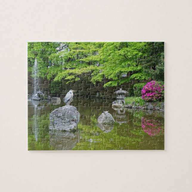 Japan, Kyoto. Heron in fresh green leaves Jigsaw Puzzle (Horizontal)