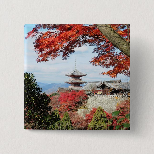 Japan, Kyoto. Kiyomizu temple in Autumn color Button (Front)