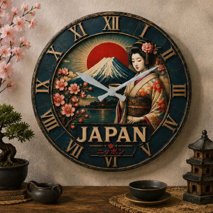 Japan Mount Fuji Geisha Cherry Blossom Japanese Large Clock