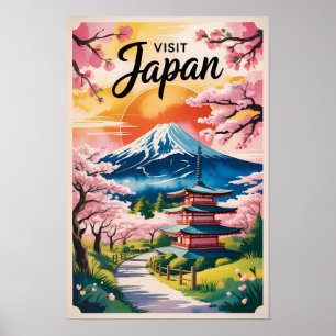 Japan Mount Fuji Illustration Travel Art Vintage Poster