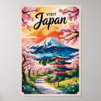 Japan Mount Fuji Illustration Travel Art Vintage