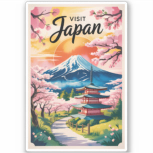 Japan Mount Fuji Illustration Travel Art Vintage Sticker