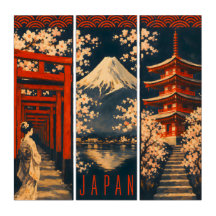Japan-Mount Fuji & Torii Gates-Vintage Gouache