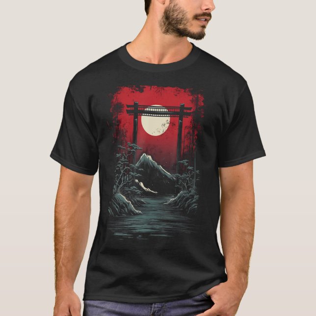 Japan Mountain Fuji Art Red Moon Scenic Graphic Te T-Shirt (Front)