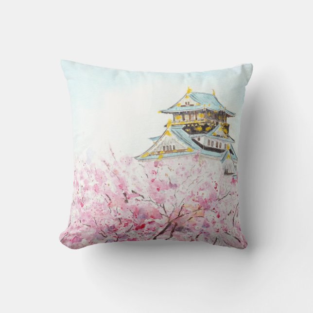 Japan Osaka castle and sakura throw pillow (Front)