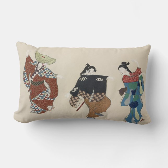 japan painting traditional vintage dancers kimono lumbar pillow (Front)