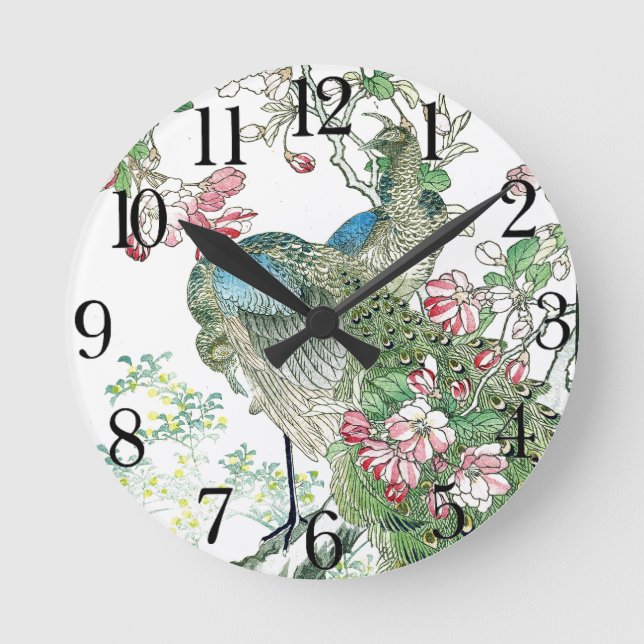 Japan Peacock Birds Crabapple Blossoms Wall Clock (Front)