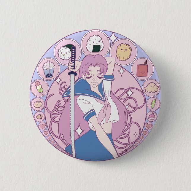 Japan Pink Anime Schoolgirl Art Nouveau Button (Front)