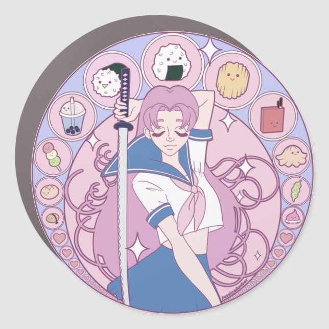 Japan Pink Anime Schoolgirl Art Nouveau Car Magnet (Front)