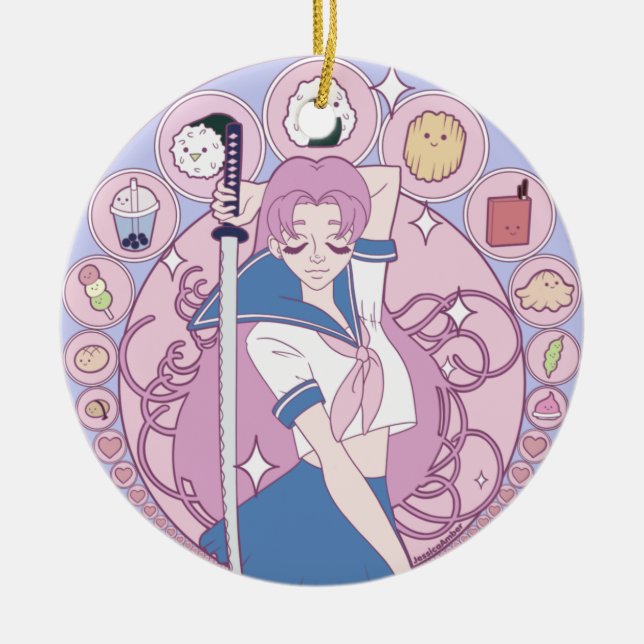 Japan Pink Anime Schoolgirl Art Nouveau Ceramic Ornament (Front)