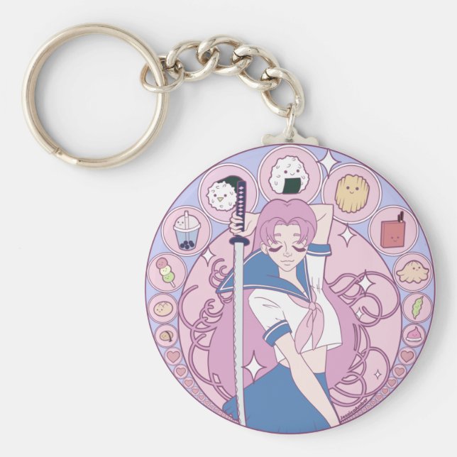 Japan Pink Anime Schoolgirl Art Nouveau Keychain (Front)