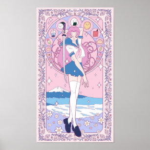Japan Pink Anime Schoolgirl Art Nouveau Poster
