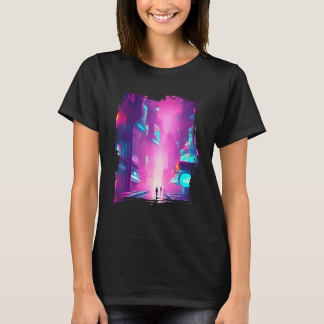 Japan Pink Blue Lights Vaporwave City T-Shirt (Front)