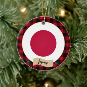 Japan, Red buffalo plaid & Japanese Flag Ceramic Ornament