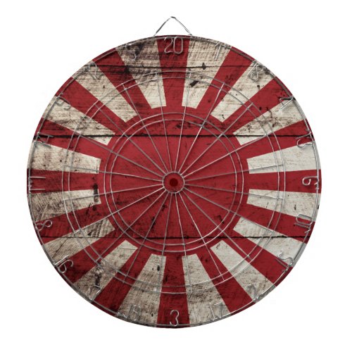 Japan Rising Sun Flag on Old Wood Grain Dartboard