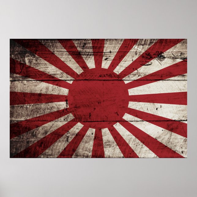 Japan Rising Sun Flag on Old Wood Grain Poster (Front)