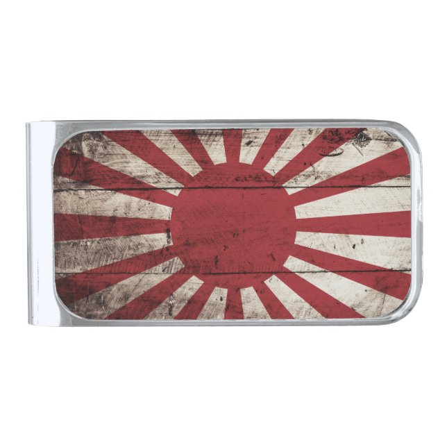 Japan Rising Sun Flag on Old Wood Grain Silver Finish Money Clip (Front)