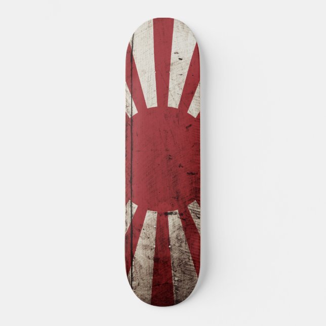 Japan Rising Sun Flag on Old Wood Grain Skateboard (Front)