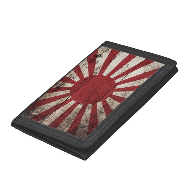 Japan Rising Sun Flag on Old Wood Grain Tri-fold Wallet (Bottom)