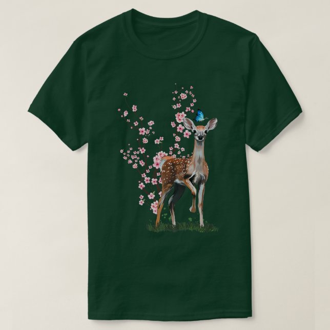 Japan Sakura Cherry Blossom Sika Deer Japanese  T-Shirt (Design Front)