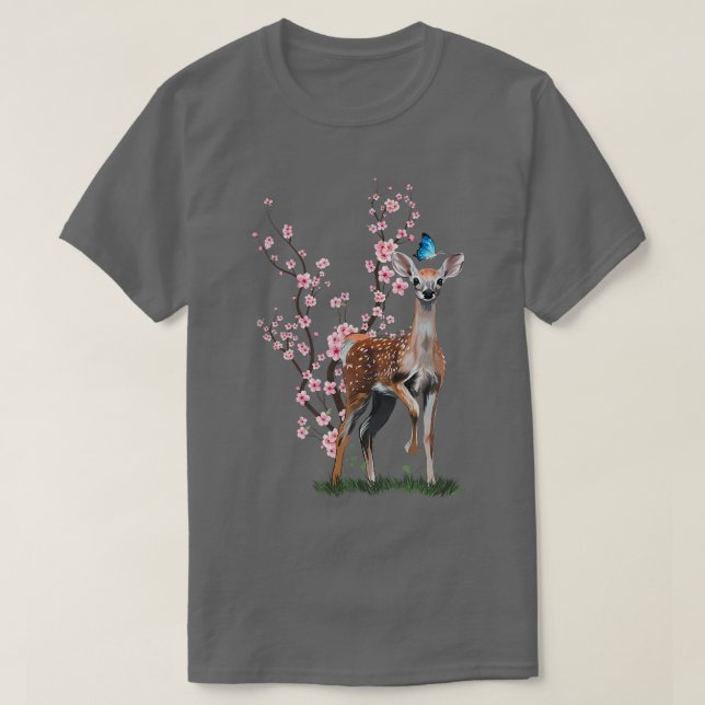 Japan Sakura Cherry Blossom Sika Deer Japanese  T-Shirt (Design Front)