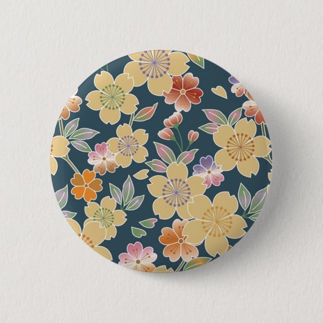 Japan, Sakura, Kimono, Origami, Chiyogami, Flower, Pinback Button (Front)